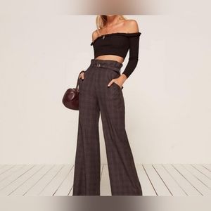 Reformation academic black brown adjustable plaid wide leg belted trousers Sz 2